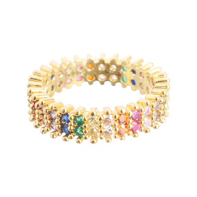 A multi-size zircon ring with multi-colored studs