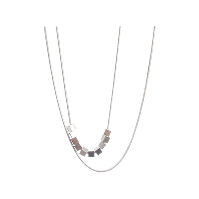 Women's thin stainless steel chain with 2 levels, equipped with small cubes of stainless steel, silver