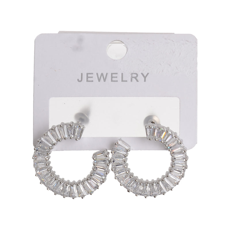 A circular earring in the shape of an open circle studded with silver-colored zirconium lobes