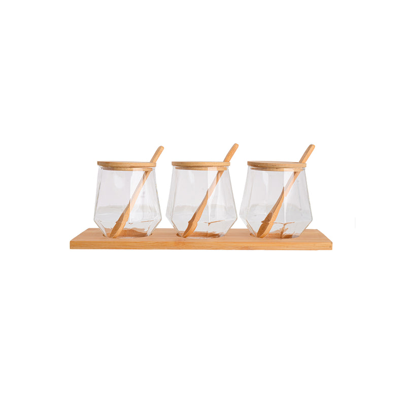 A set of spices in glass jars with a lid and a wooden base in a geometric shape, 3 pieces, transparent, 9 * 6.5 * 3 bottles