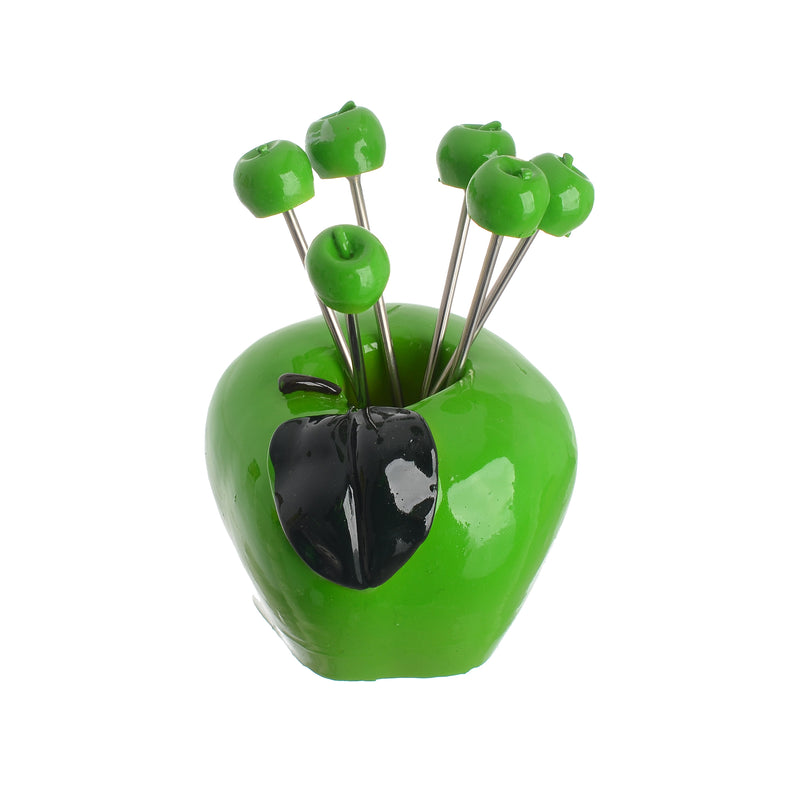 Green apple-shaped fruit forks set, 7 pieces, green color