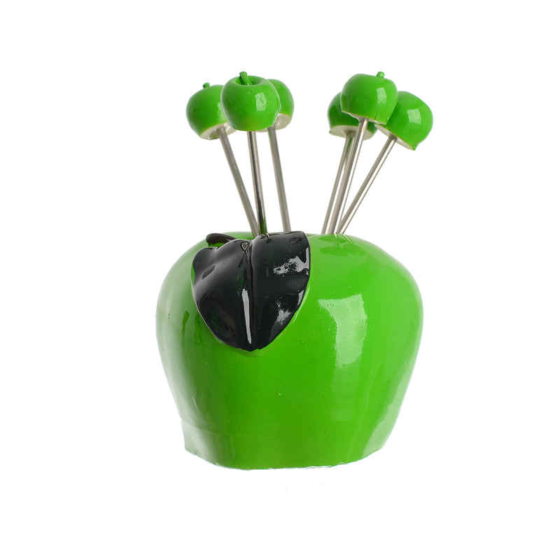 Green apple-shaped fruit forks set, 7 pieces, green color