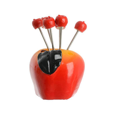 Red apple-shaped fruit forks set, 7 pieces, red*yellow