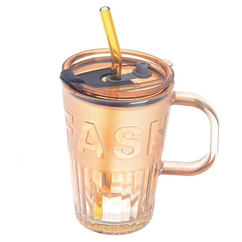 Transparent glass cup with handle, lid and straw, 450 ml