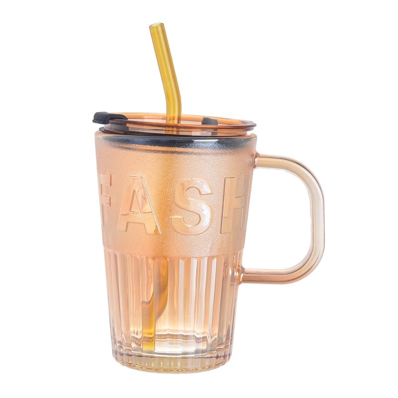 Transparent glass cup with handle, lid and straw, 450 ml