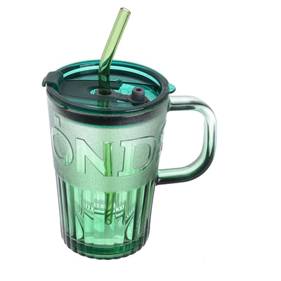 Transparent glass cup with handle, lid and straw, 450 ml