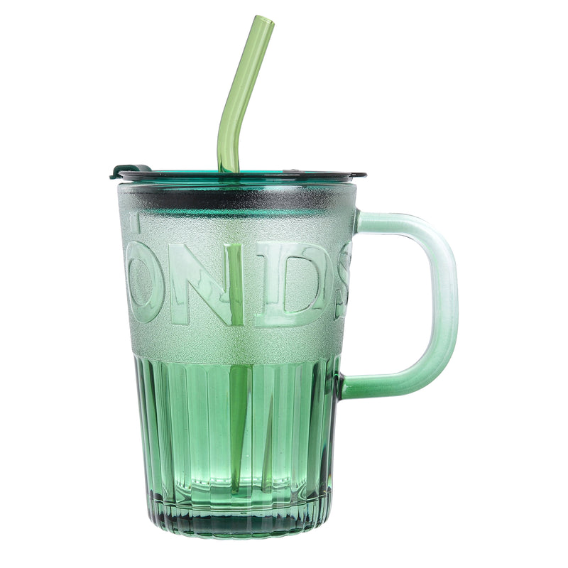 Transparent glass cup with handle, lid and straw, 450 ml