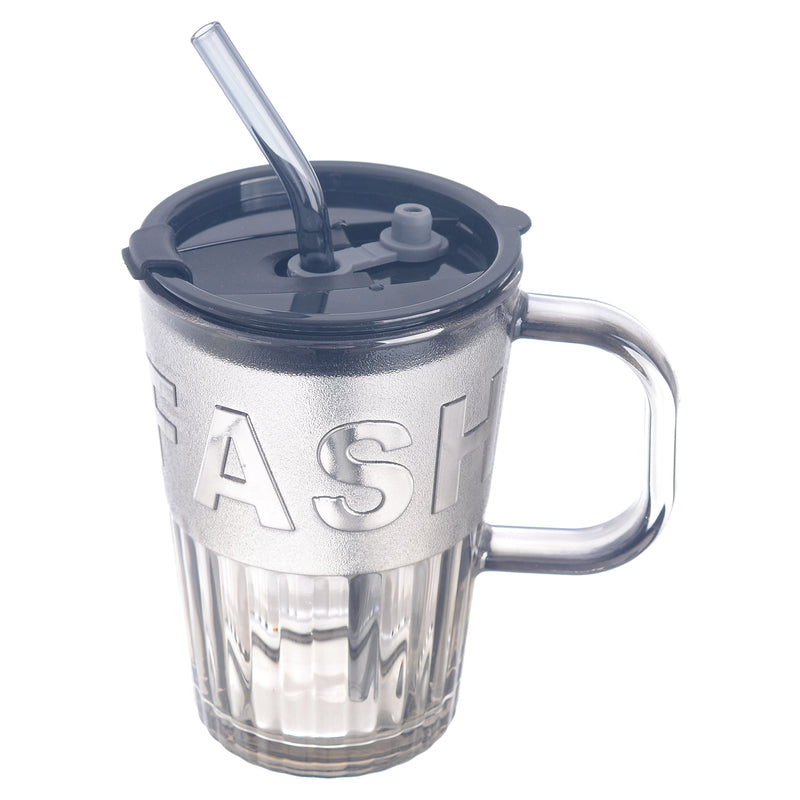 Transparent glass cup with handle, lid and straw, 450 ml