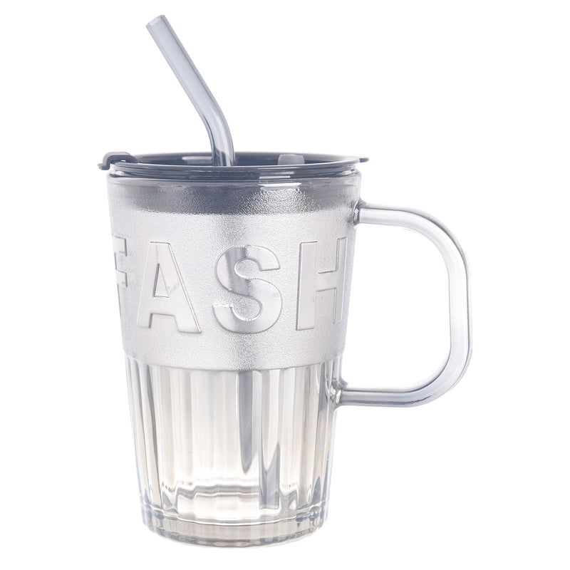 Transparent glass cup with handle, lid and straw, 450 ml