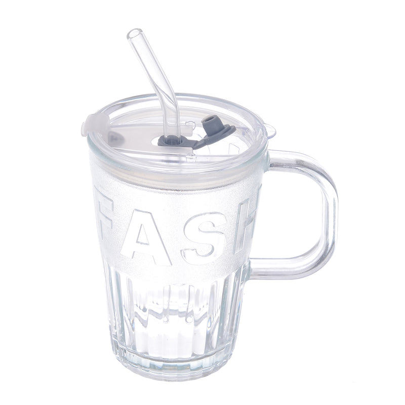 Transparent glass cup with handle, lid and straw, 450 ml