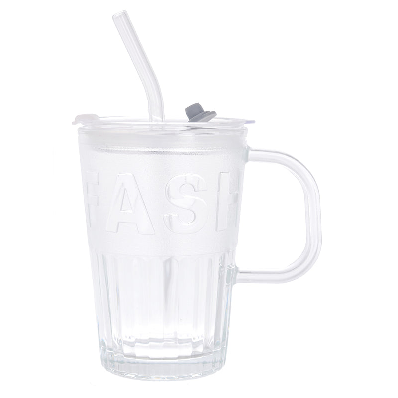 Transparent glass cup with handle, lid and straw, 450 ml