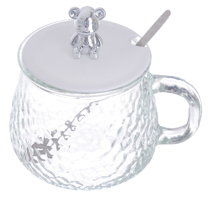 Transparent engraved glass mug with a teddy bear-shaped lid and a spoon, 400 ml, transparent color