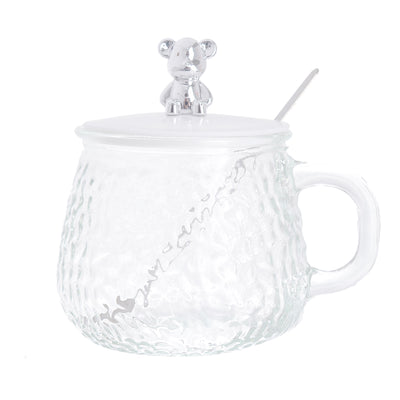 Transparent engraved glass mug with a teddy bear-shaped lid and a spoon, 400 ml, transparent color