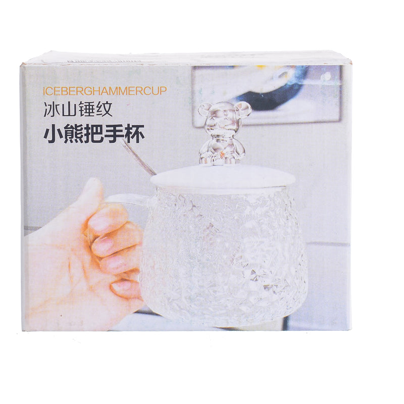 Transparent engraved glass mug with a teddy bear-shaped lid and a spoon, 400 ml, transparent color