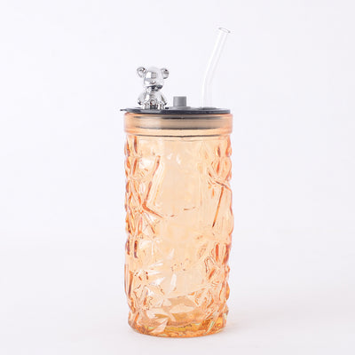 Transparent glass cup with a removable and removable teddy bear lid and a 400 ml straw