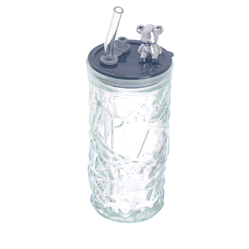 Transparent glass cup with a removable and removable teddy bear lid and a 400 ml straw