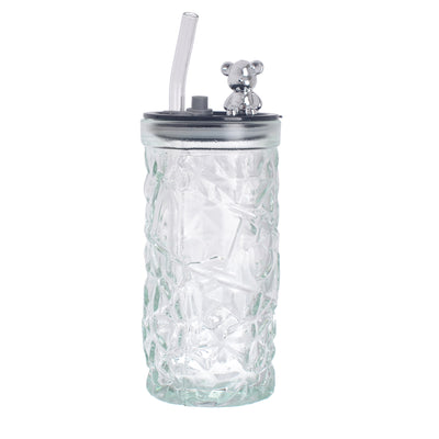 Transparent glass cup with a removable and removable teddy bear lid and a 400 ml straw