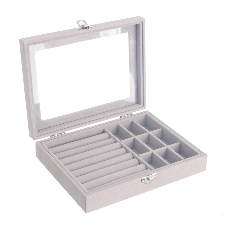 Velvet accessories and jewelry box with a transparent gray cover