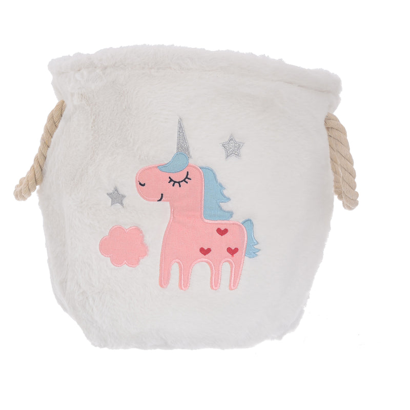 A unicorn-shaped fur storage basket with small hearts inside