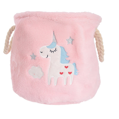 A unicorn-shaped fur storage basket with small hearts inside