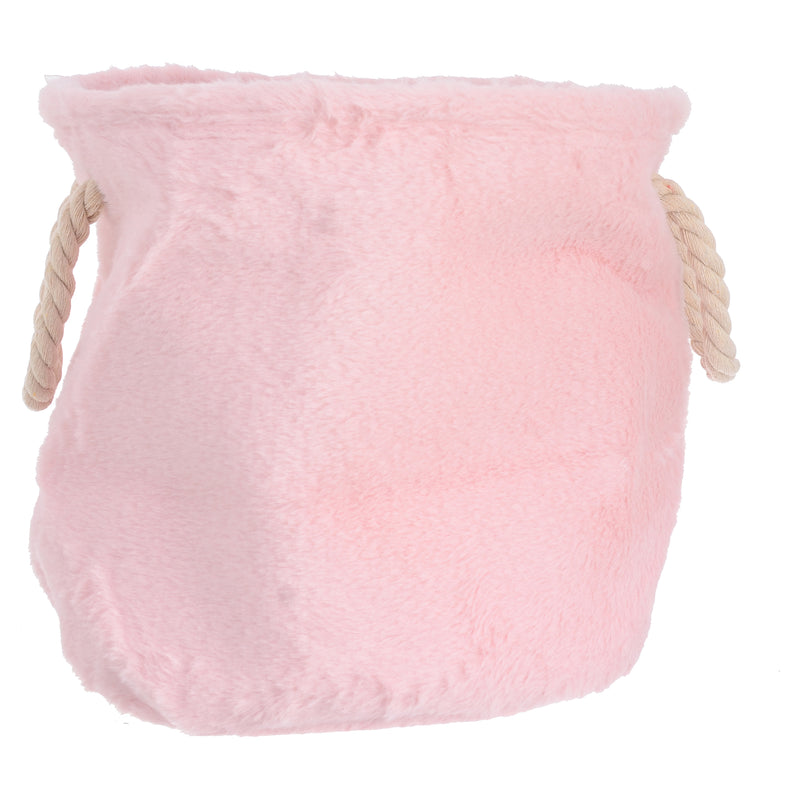 A unicorn-shaped fur storage basket with small hearts inside