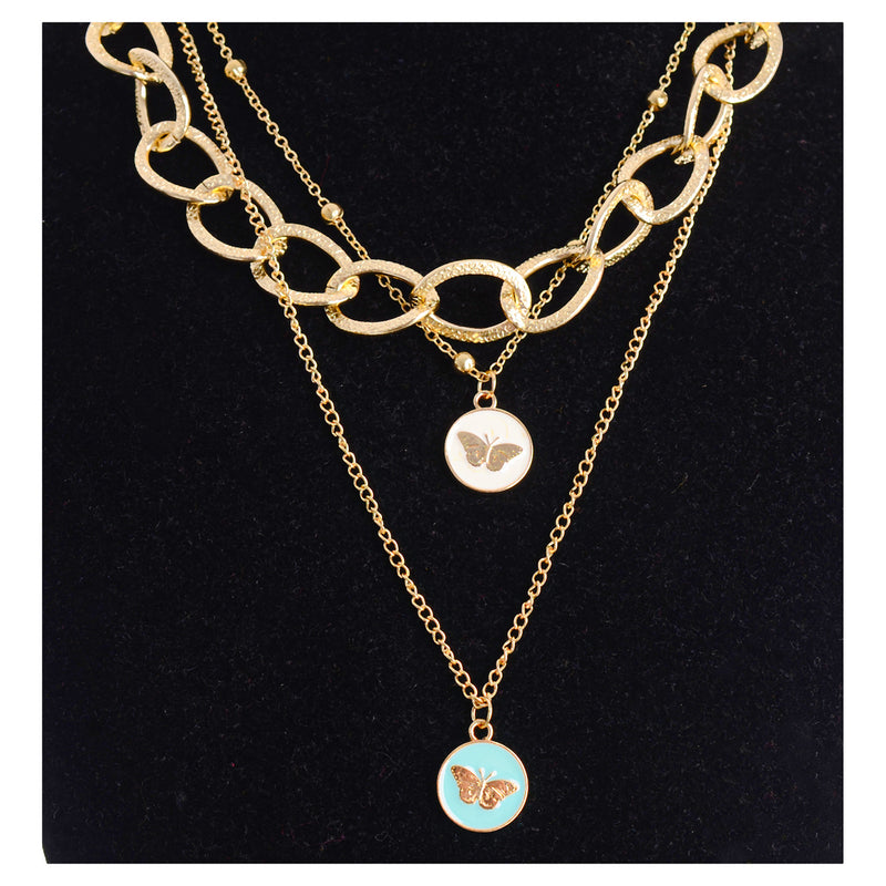 A 3-layer, interlocking coin chain in the shape of a butterfly with a gold chain