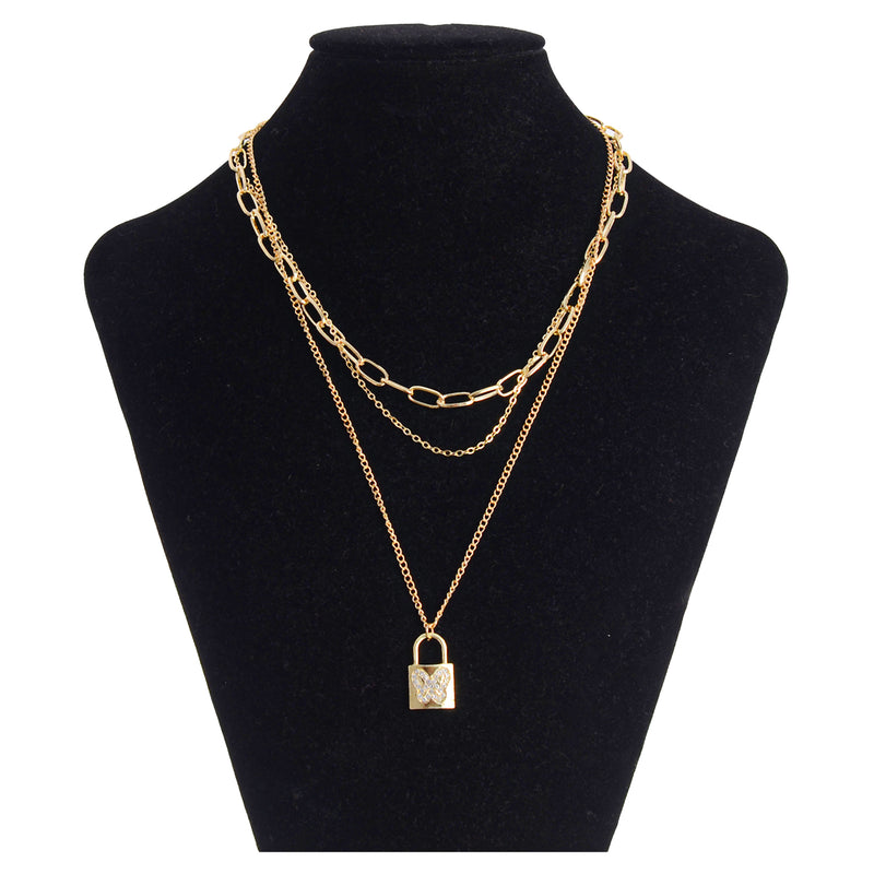 A 3-layer chain with a hollow, butterfly-shaped lock with zircon lobes and a gold chain