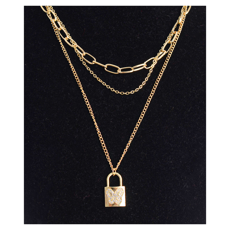 A 3-layer chain with a hollow, butterfly-shaped lock with zircon lobes and a gold chain