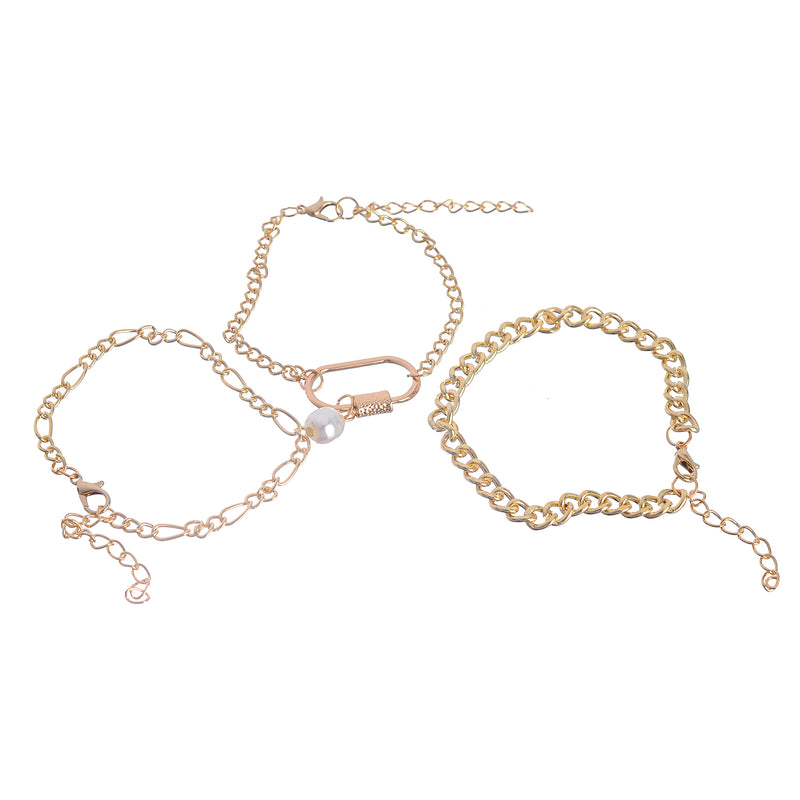 A hand chain with 3 separate layers, an oval ring-shaped chain with a white gold bead