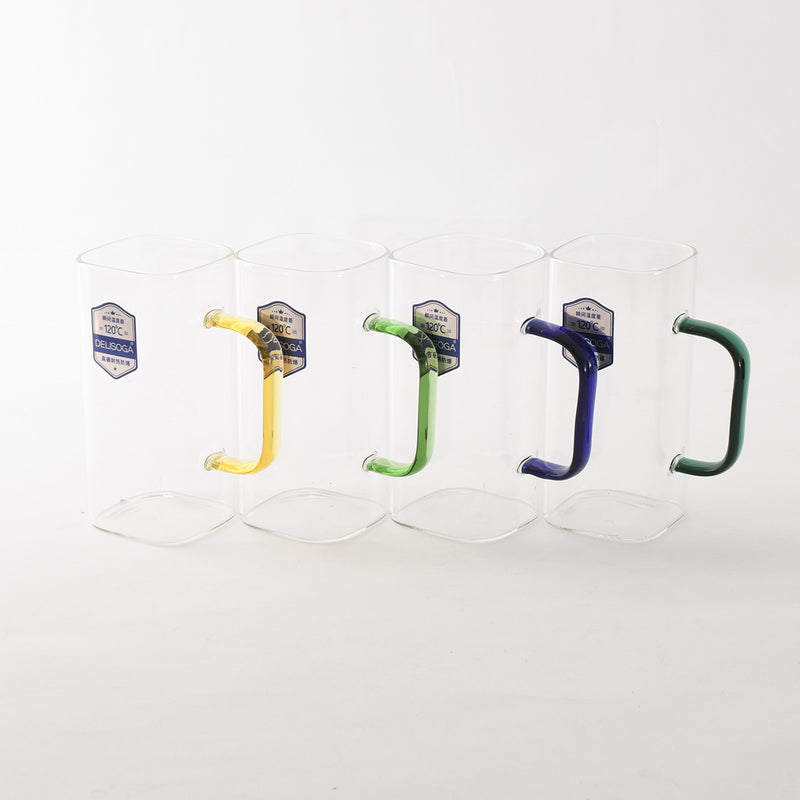 مجموعة أكواب زجاجية بمقبض ملون 4 قطع لون شفاف