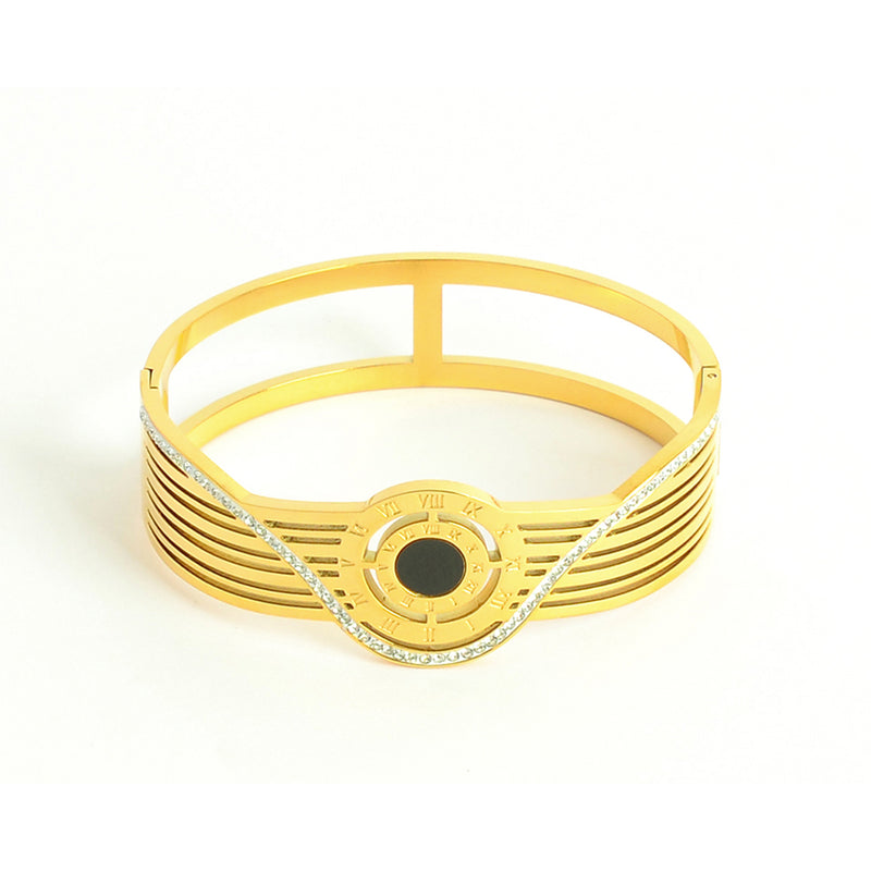 سوار يد عريض بتصميم دوائر الأرقام الرومانية لون ذهبي