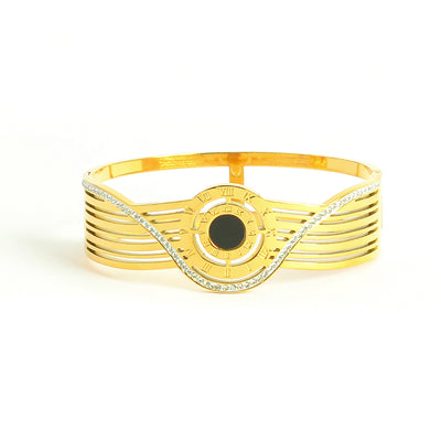 سوار يد عريض بتصميم دوائر الأرقام الرومانية لون ذهبي