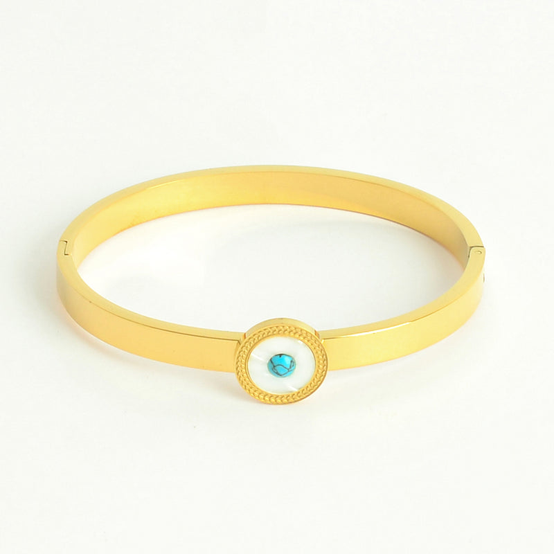 سوار يد صلب مع تصميم دائرة بيضاء بشكل رخامي بحجر فيروزي لون ذهبي