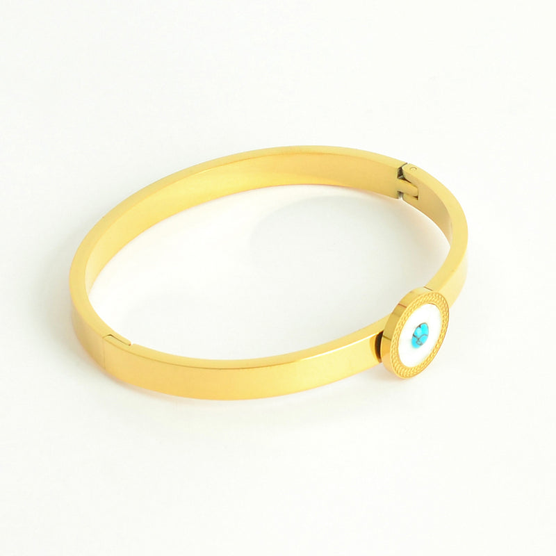 سوار يد صلب مع تصميم دائرة بيضاء بشكل رخامي بحجر فيروزي لون ذهبي