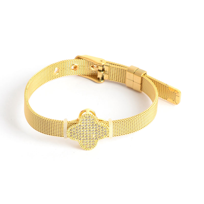 انسيال قابل للتعديل بإبزيم حزام ساعة بزهرة رباعية لون ذهبي