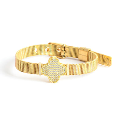 انسيال قابل للتعديل بإبزيم حزام ساعة بزهرة رباعية لون ذهبي