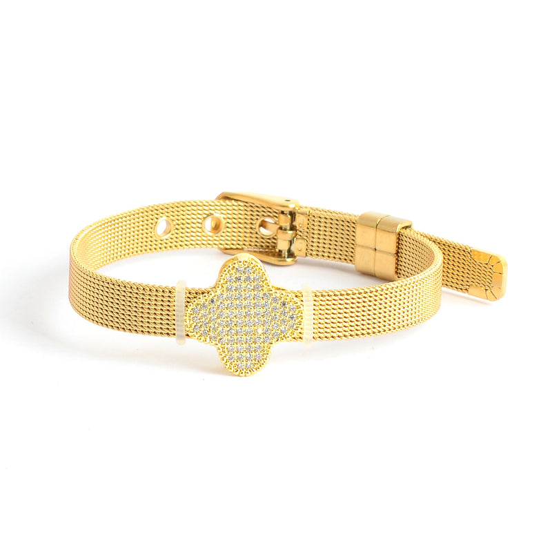 انسيال قابل للتعديل بإبزيم حزام ساعة بزهرة رباعية لون ذهبي