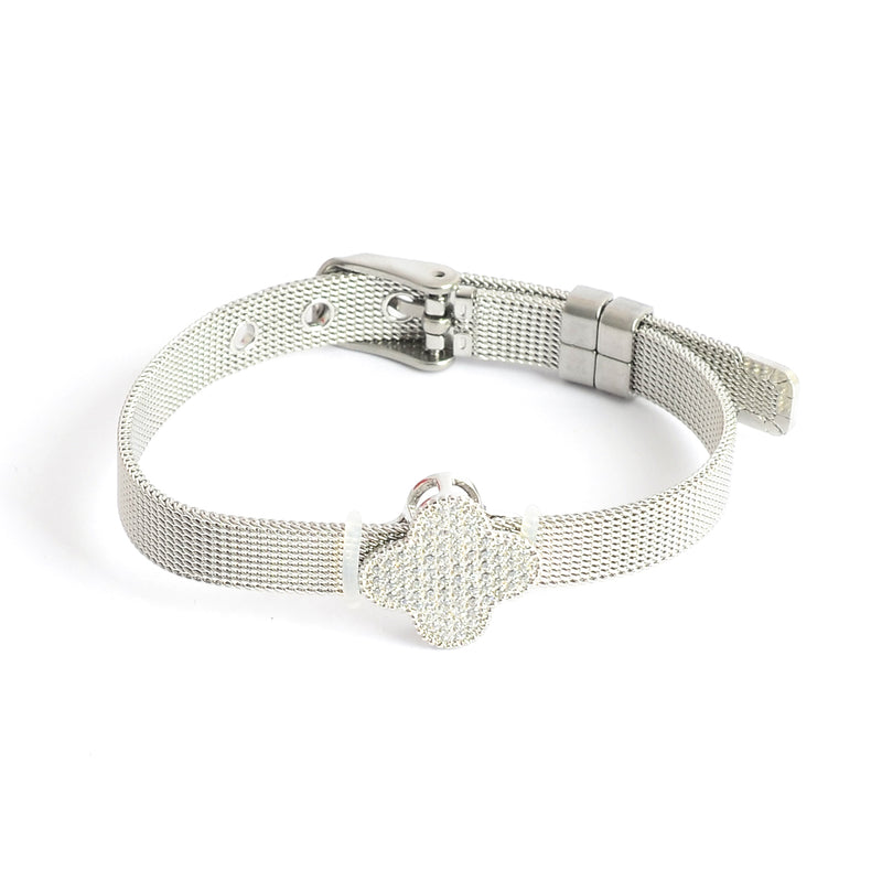 انسيال قابل للتعديل بإبزيم حزام ساعة بزهرة رباعية لون فضي