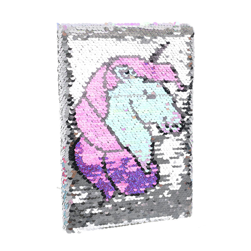 Unicorn-shaped sequin notebook with silver &amp; fuchsia sequin flip flop