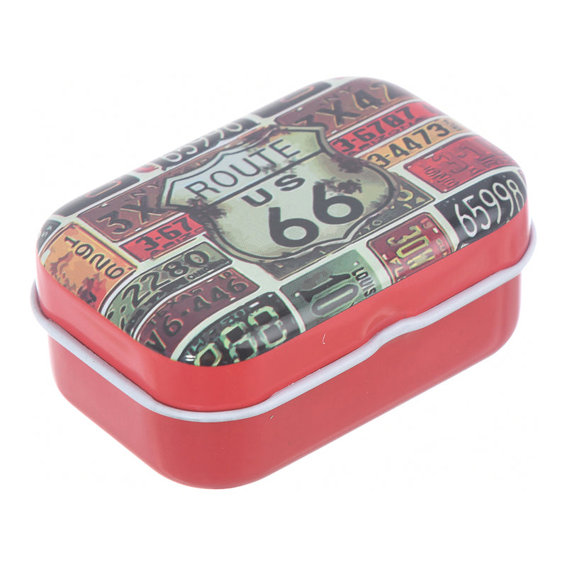 A small tin box of various shapes and colors