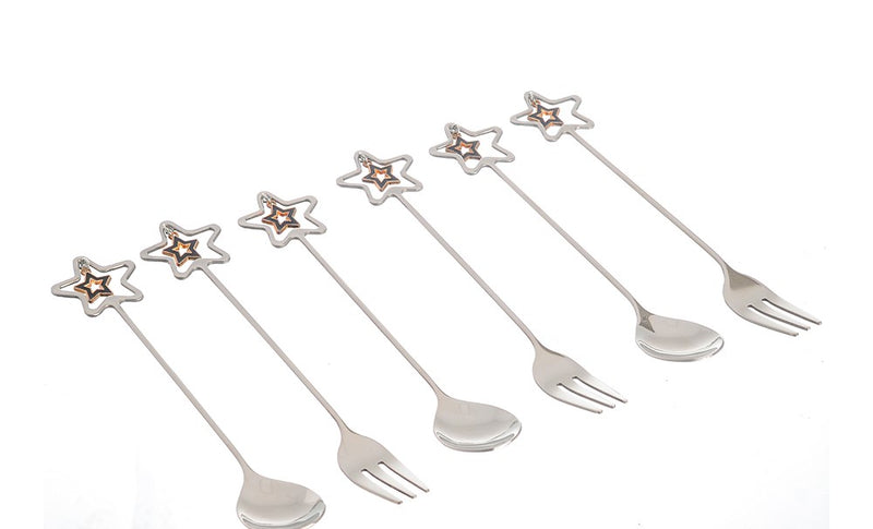 A set of silver star-shaped spoons and forks