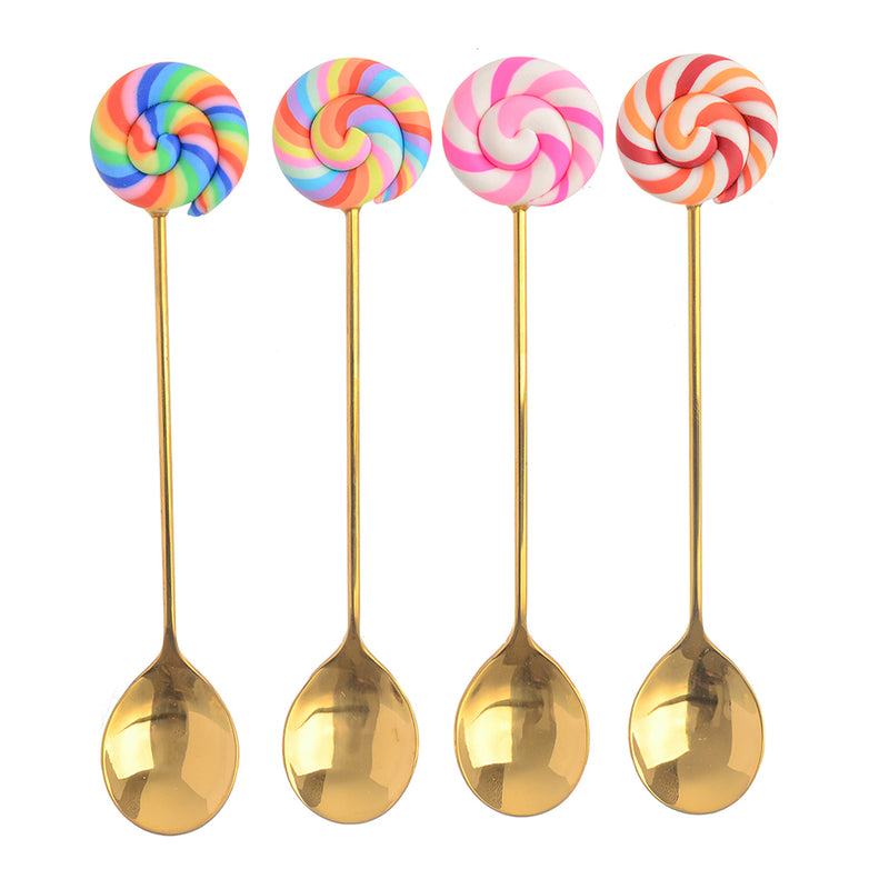 A set of lollipop-shaped spoons, golden color