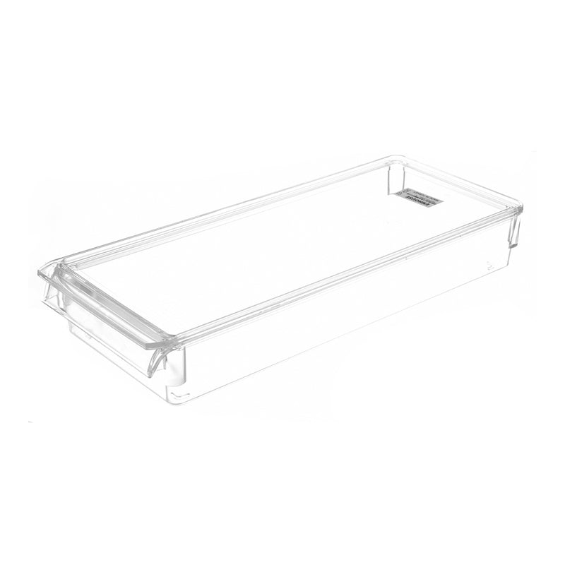 A rectangular acrylic refrigerator organizer with a medium size cover in a transparent color