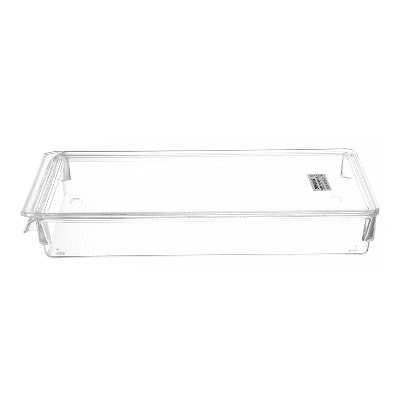 A rectangular acrylic refrigerator organizer with a medium size cover in a transparent color