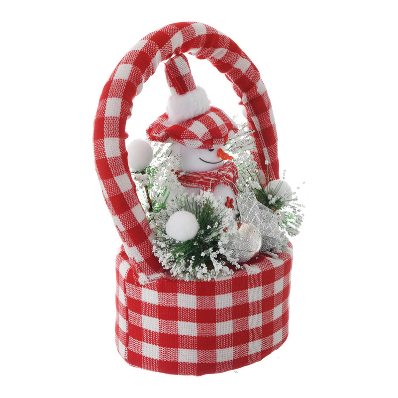 A Christmas basket with a handle in the shape of a snowman with checks