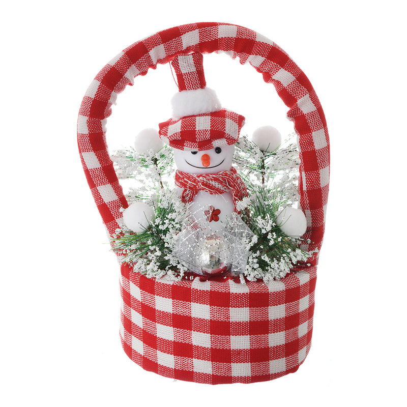 A Christmas basket with a handle in the shape of a snowman with checks