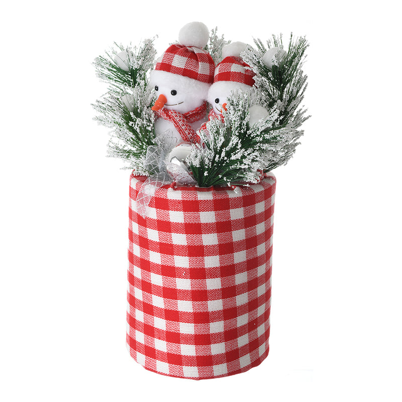 A cylindrical Christmas basket in the shape of a snowman with checks