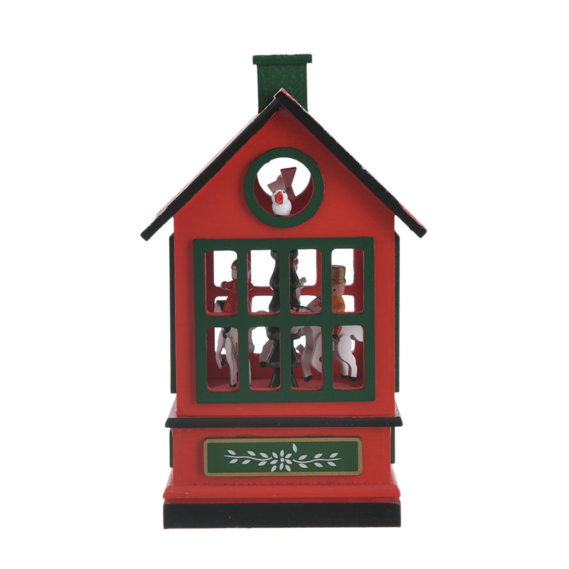 A wooden Christmas music house in the shape of a carousel horse and operated with a red*green spring