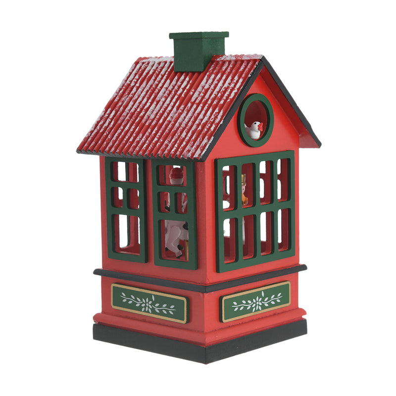 A wooden Christmas music house in the shape of a carousel horse and operated with a red*green spring