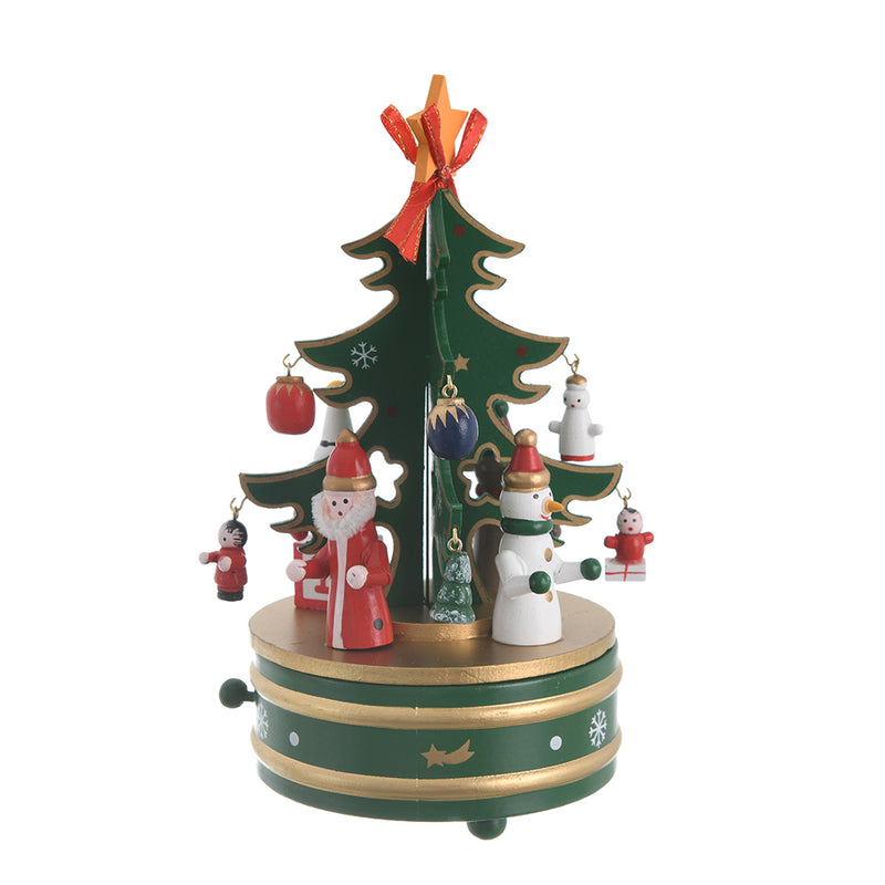 A Christmas music box with a wooden revolving design and a green*golden*white spring